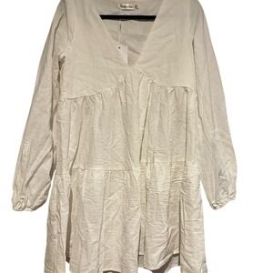 Beginnings Boutique White Mini Dress Long Sleeve V Neck Babydoll